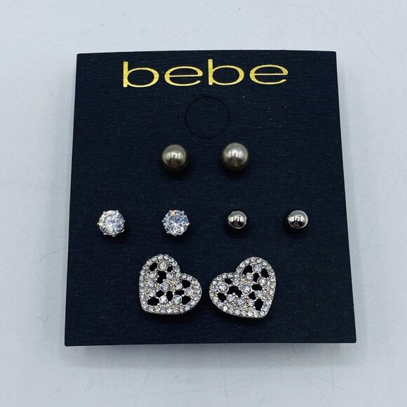 bebe Jewelry - bebe Silvertone Rhinestone Set of 4 Stud Earrings New Heart Balls